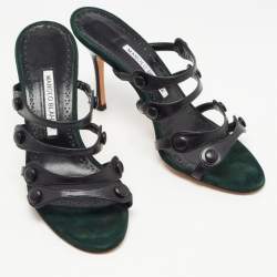 Pre Owned Manolo Blahnik Black Leather Strappy Slides Size 38
