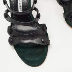 Pre Owned Manolo Blahnik Black Leather Strappy Slides Size 38