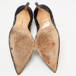 Pre Owned Manolo Blahnik Black Crystal Embellished Mesh and Satin Pointed Toe Pumps Size 37