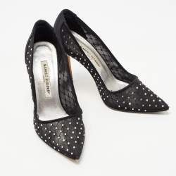 Pre Owned Manolo Blahnik Black Crystal Embellished Mesh and Satin Pointed Toe Pumps Size 37