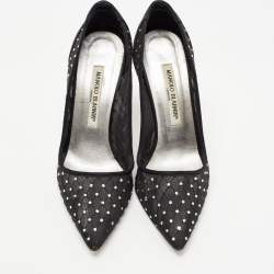 Pre Owned Manolo Blahnik Black Crystal Embellished Mesh and Satin Pointed Toe Pumps Size 37