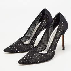 Pre Owned Manolo Blahnik Black Crystal Embellished Mesh and Satin Pointed Toe Pumps Size 37