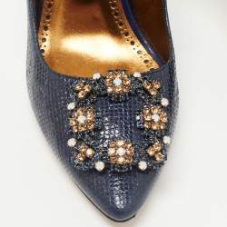 Pre Owned Manolo Blahnik Blue Texture Patent Leather Hangisi Crystal Embellished Pumps Size 38.5