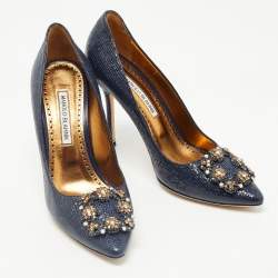 Pre Owned Manolo Blahnik Blue Texture Patent Leather Hangisi Crystal Embellished Pumps Size 38.5