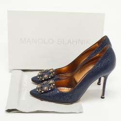 Pre Owned Manolo Blahnik Blue Texture Patent Leather Hangisi Crystal Embellished Pumps Size 38.5