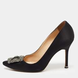 Manolo Blahnik Black Satin Hangisi Pumps Size 37.5