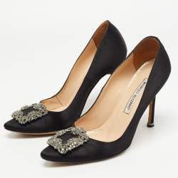Manolo Blahnik Black Satin Hangisi Pumps Size 37.5