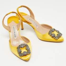 Manolo Blahnik Yellow Satin Hangisi Slingback Pumps Size 37.5
