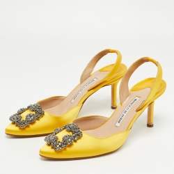 Manolo Blahnik Yellow Satin Hangisi Slingback Pumps Size 37.5