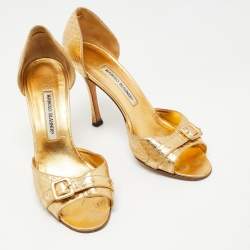 Manolo Blahnik Gold Python Embossed Buckle Open Toe Pumps Size 39