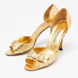 Manolo Blahnik Gold Python Embossed Buckle Open Toe Pumps Size 39