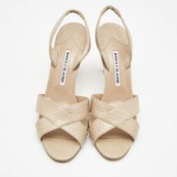 Pre Owned Manolo Blahnik Beige Snakeskin Leather Callasli Slingback Sandals Size 39.5