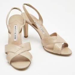 Pre Owned Manolo Blahnik Beige Snakeskin Leather Callasli Slingback Sandals Size 39.5