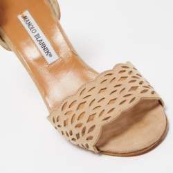 Manolo Blahnik Beige Laser Cut Suede Open Toe D'orsay Sandals Size 38.5