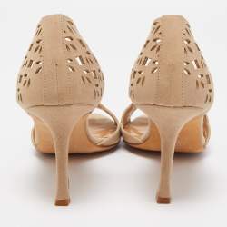 Manolo Blahnik Beige Laser Cut Suede Open Toe D'orsay Sandals Size 38.5