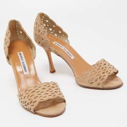 Manolo Blahnik Beige Laser Cut Suede Open Toe D'orsay Sandals Size 38.5