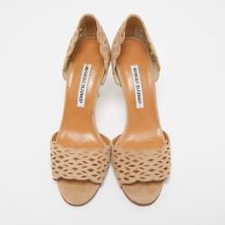 Manolo Blahnik Beige Laser Cut Suede Open Toe D'orsay Sandals Size 38.5