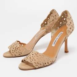 Manolo Blahnik Beige Laser Cut Suede Open Toe D'orsay Sandals Size 38.5