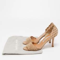 Manolo Blahnik Beige Laser Cut Suede Open Toe D'orsay Sandals Size 38.5
