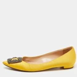 Pre Owned Manolo Blahnik Yellow Satin Hangisi Ballet Flats Size 37.5