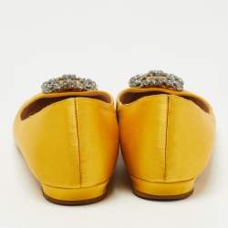 Pre Owned Manolo Blahnik Yellow Satin Hangisi Ballet Flats Size 37.5