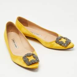 Pre Owned Manolo Blahnik Yellow Satin Hangisi Ballet Flats Size 37.5