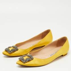 Pre Owned Manolo Blahnik Yellow Satin Hangisi Ballet Flats Size 37.5