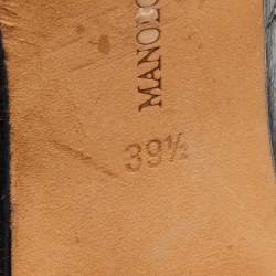 Pre Owned Manolo Blahnik Black Stitch Detail Leather Scalloped Pointed Toe Pumps Size 39.5