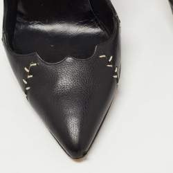 Pre Owned Manolo Blahnik Black Stitch Detail Leather Scalloped Pointed Toe Pumps Size 39.5
