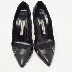 Pre Owned Manolo Blahnik Black Stitch Detail Leather Scalloped Pointed Toe Pumps Size 39.5