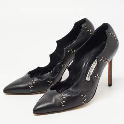 Pre Owned Manolo Blahnik Black Stitch Detail Leather Scalloped Pointed Toe Pumps Size 39.5