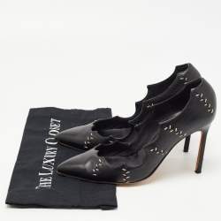 Pre Owned Manolo Blahnik Black Stitch Detail Leather Scalloped Pointed Toe Pumps Size 39.5