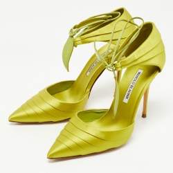 Pre Owned Manolo Blahnik Green Satin Reya Ankle Strap Pumps Size 38