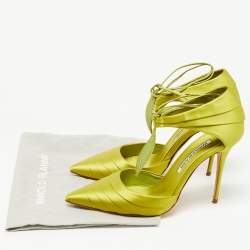Pre Owned Manolo Blahnik Green Satin Reya Ankle Strap Pumps Size 38