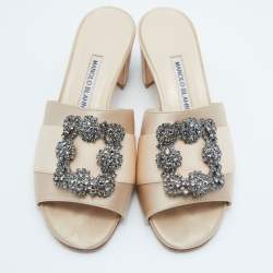 Pre Owned Manolo Blahnik Beige Satin Embellished Martanew Slide Sandals Size 38