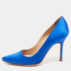 Pre Owned Manolo Blahnik Blue Satin Logo Print Pumps Size 37.5