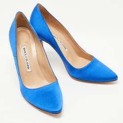 Pre Owned Manolo Blahnik Blue Satin Logo Print Pumps Size 37.5