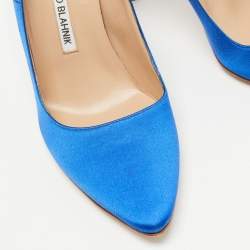 Pre Owned Manolo Blahnik Blue Satin Logo Print Pumps Size 37.5
