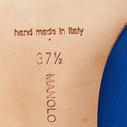 Pre Owned Manolo Blahnik Blue Satin Logo Print Pumps Size 37.5