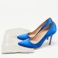 Pre Owned Manolo Blahnik Blue Satin Logo Print Pumps Size 37.5