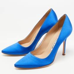Pre Owned Manolo Blahnik Blue Satin Logo Print Pumps Size 37.5