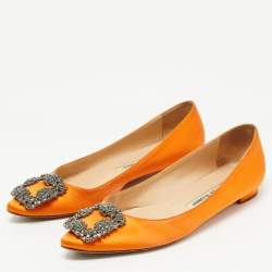 Pre Owned Manolo Blahnik Orange Satin Hangisi Ballet Flats Size 37