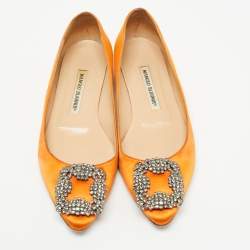 Pre Owned Manolo Blahnik Orange Satin Hangisi Ballet Flats Size 37