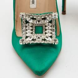 Pre Owned Manolo Blahnik Green Satin Crystal Embellished Borlak Pumps Size 37