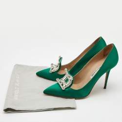 Pre Owned Manolo Blahnik Green Satin Crystal Embellished Borlak Pumps Size 37