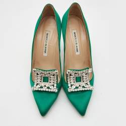 Pre Owned Manolo Blahnik Green Satin Crystal Embellished Borlak Pumps Size 37