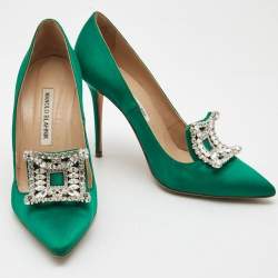 Pre Owned Manolo Blahnik Green Satin Crystal Embellished Borlak Pumps Size 37