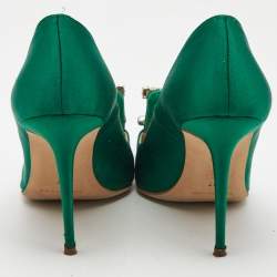 Pre Owned Manolo Blahnik Green Satin Crystal Embellished Borlak Pumps Size 37