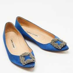 Pre Owned Manolo Blahnik Blue Satin Hangisi Ballet Flats Size 37 