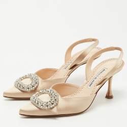 Manolo Blahnik Beige Satin Prietasli Slingback Pumps Size 36